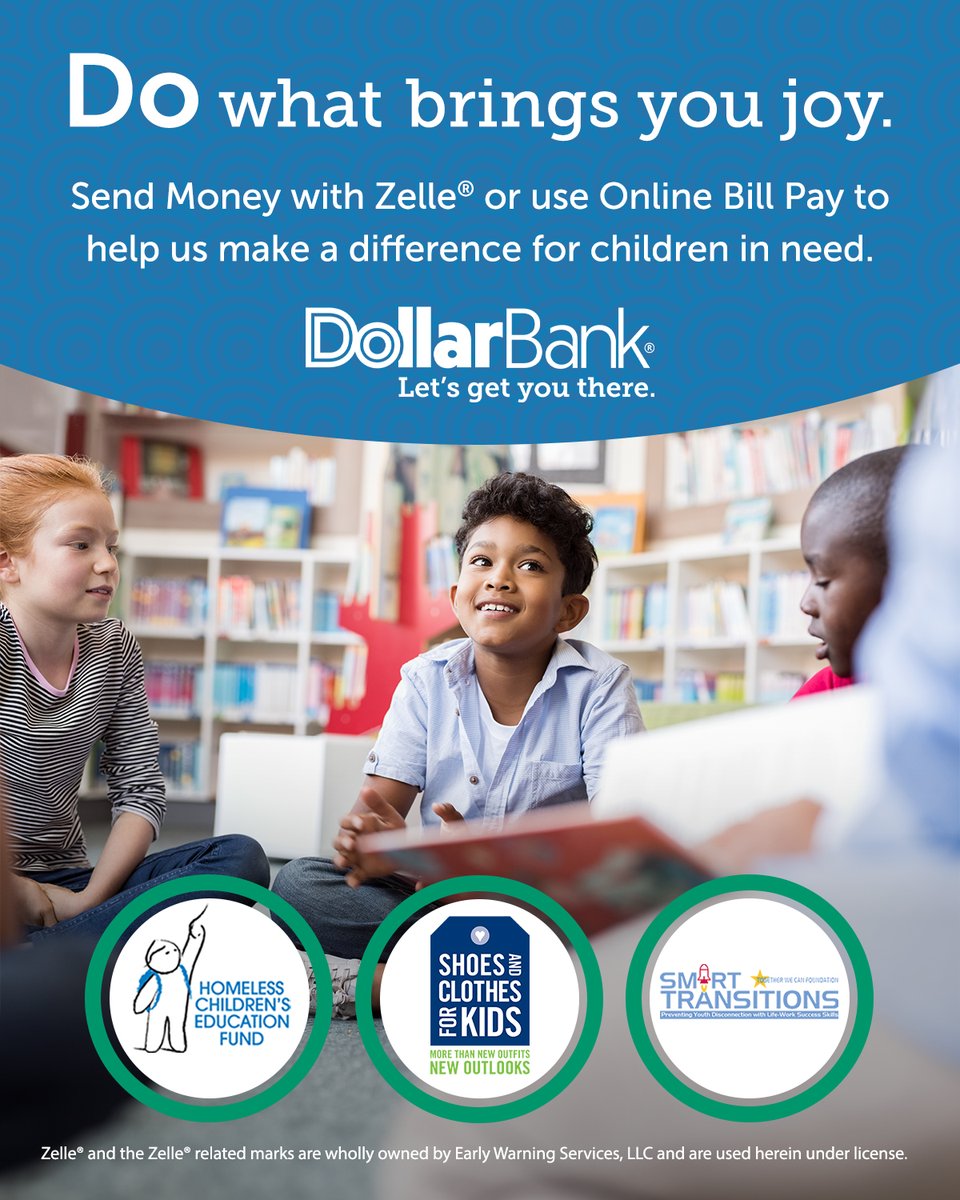 Through February 1, 2024, Send Money with Zelle® or use Online Bill Pay and we'll donate up to $15,000 to local organizations supporting children in need.* Learn how you can make a difference: dlbnk.co/3MtdKBA @SC4K @TWCSmartTrans @homelessfund412