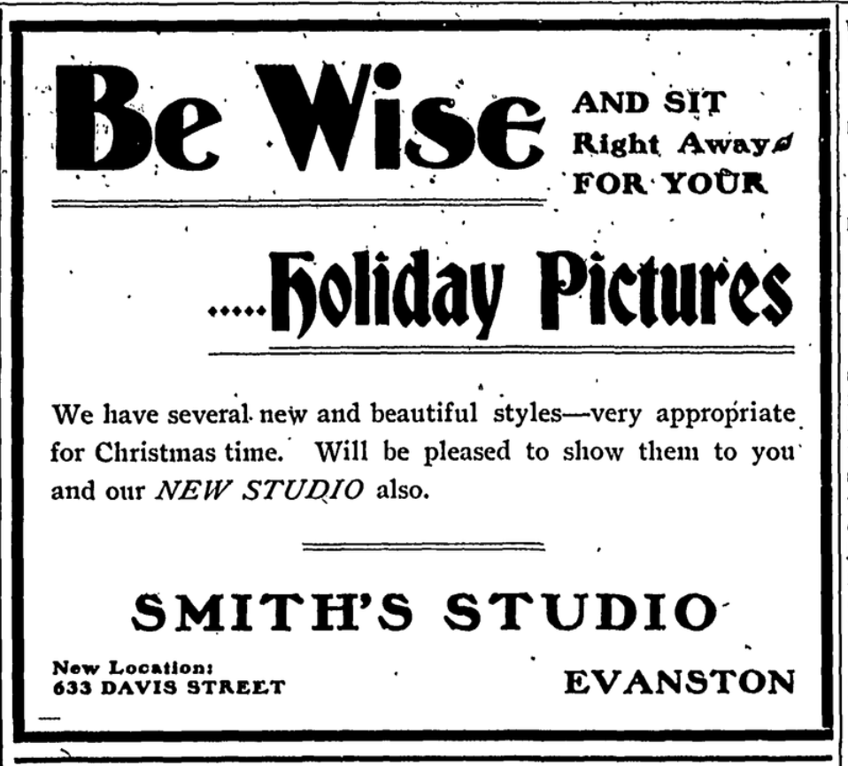 #Evanston, photographer Charles E. Smith operated a studio in Evanston from 1888 until his death in 1920. Advertisement, Evanston News-Index, December 1901. #evanstonillinois #holidays #photographer #photographyhistory #clarabarton #americanredcross
