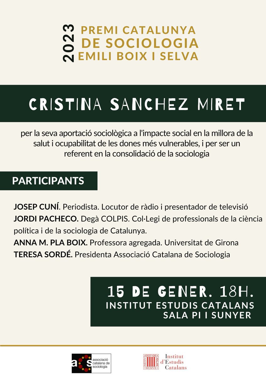 15 de gener a l'@IEC, dialogarem amb <a href="/JosepCuni/">Josep Cuní</a>, <a href="/JordiPachecoCol/">Jordi_Pacheco</a>, Anna M. Pla Boix (<a href="/Udgfdret/">Facultat de Dret de la Universitat de Girona</a>) i <a href="/tsorde/">Teresa Sordé Martí</a> de l'aportació sociològica de <a href="/Sanchezmiret/">Cristina Sánchez Miret</a> (Premi Catalunya de Sociologia, 2023) No t'ho perdis!