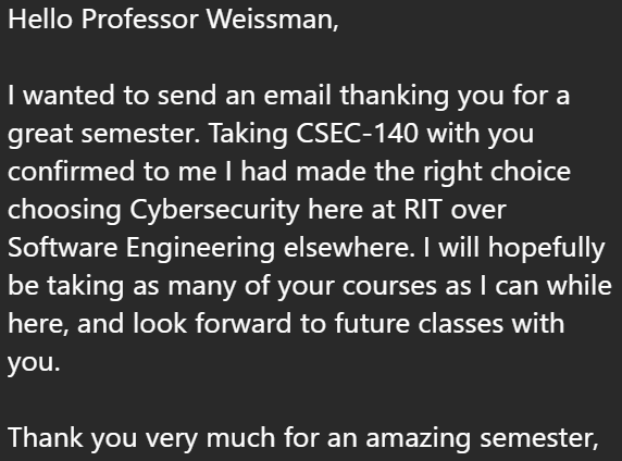 CSCPROF's tweet photo. Very touching!!!!
#RIT #RochesterInstituteOfTechnology #Networking #Cybersecurity #SystemsAdministration #ReverseEngineering https://t.co/YltNtNeH2B