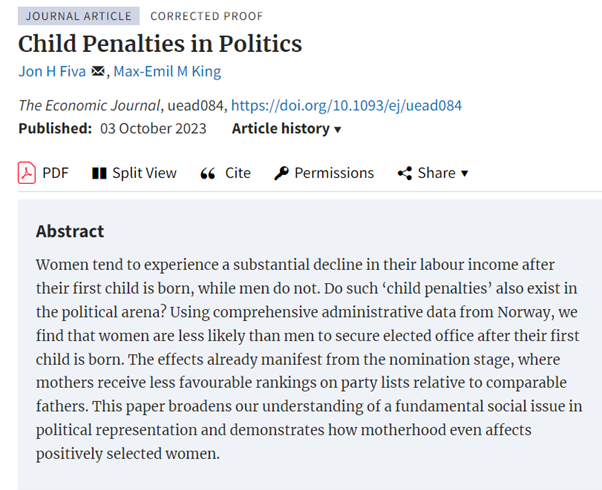 Recently accepted at EJ: ‘Child Penalties in Politics’ by Jon H Fiva, Max-Emil M King doi.org/10.1093/ej/uea… @JFiva @maxemilking @RoyalEconSoc @OUPEconomics #EconTwitter