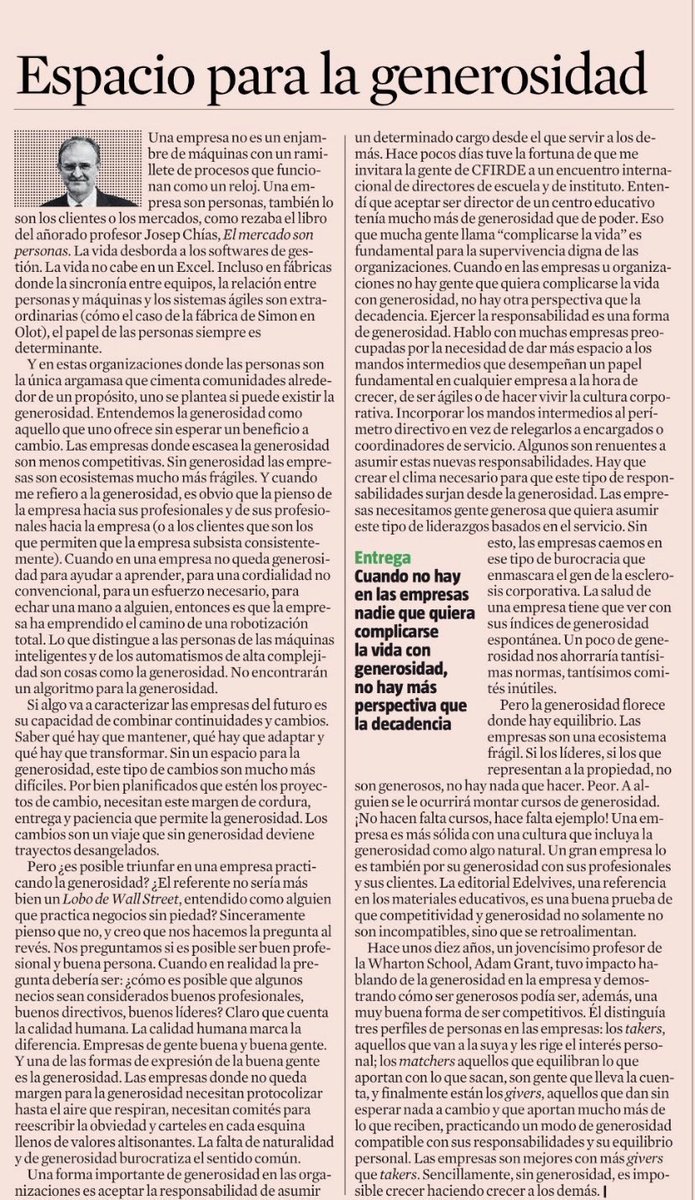 Hace unos días hablabla con <a href="/dtruran/">daniel truran</a> sobre la importancia de la generosidad en la empresa. Hoy leo este fantástico artículo de <a href="/XavierMarcet/">Xavier Marcet</a> sobre este tema. No tiene desperdicio. "Sin generosidad las empresas son ecosistemas mucho más frágiles".