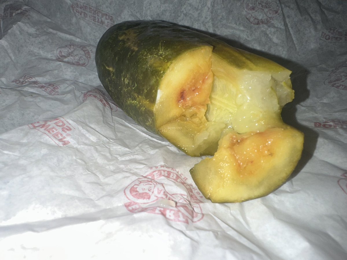deannacreder's tweet photo. Got @erbertgerberts (Downtown Duluth location) for lunch. I always loved their pickles. I got a pickle only to bite into a very soft and nasty tasting pickle. I looked in to see this also. Not appetizing. https://t.co/CJrzcisQLr
