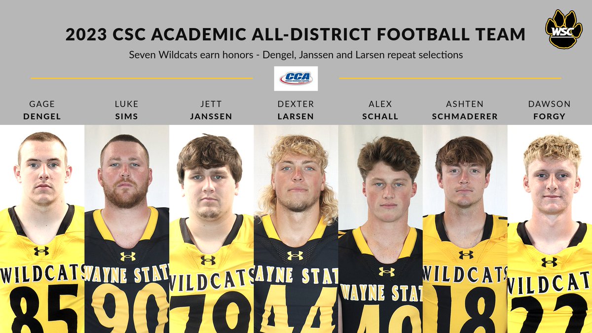 Seven <a href="/WayneStFootball/">Wayne State Football</a> players named to CSC Academic All-District Team.  #PlayforthePaw
wscwildcats.com/news/2023/12/2…