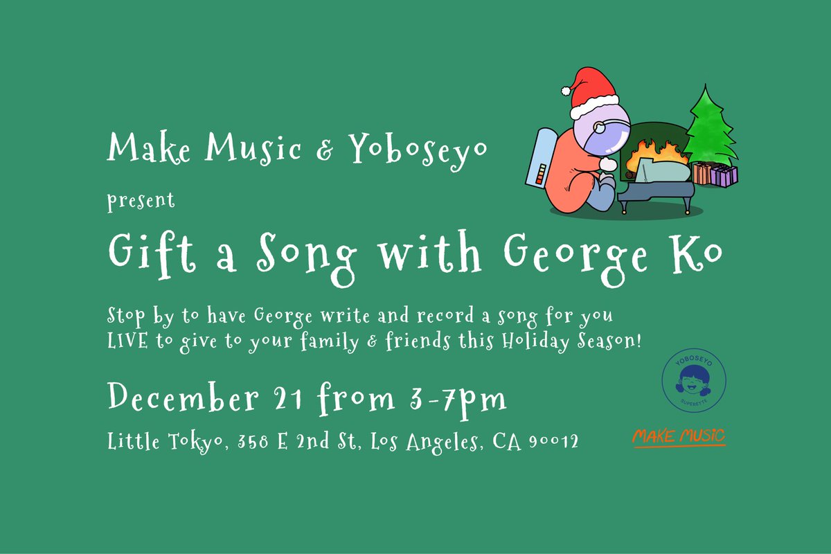 TODAY! Roll through Yoboseyo in Little Tokyo from 3-7pm and I’ll write a custom song for you or anyone you’d like to gift a song to 🎁 in partnership w/ @makemusicday More details HERE: bit.ly/giftsong2023

#christmasgiftguide  #MakeMusicWinter