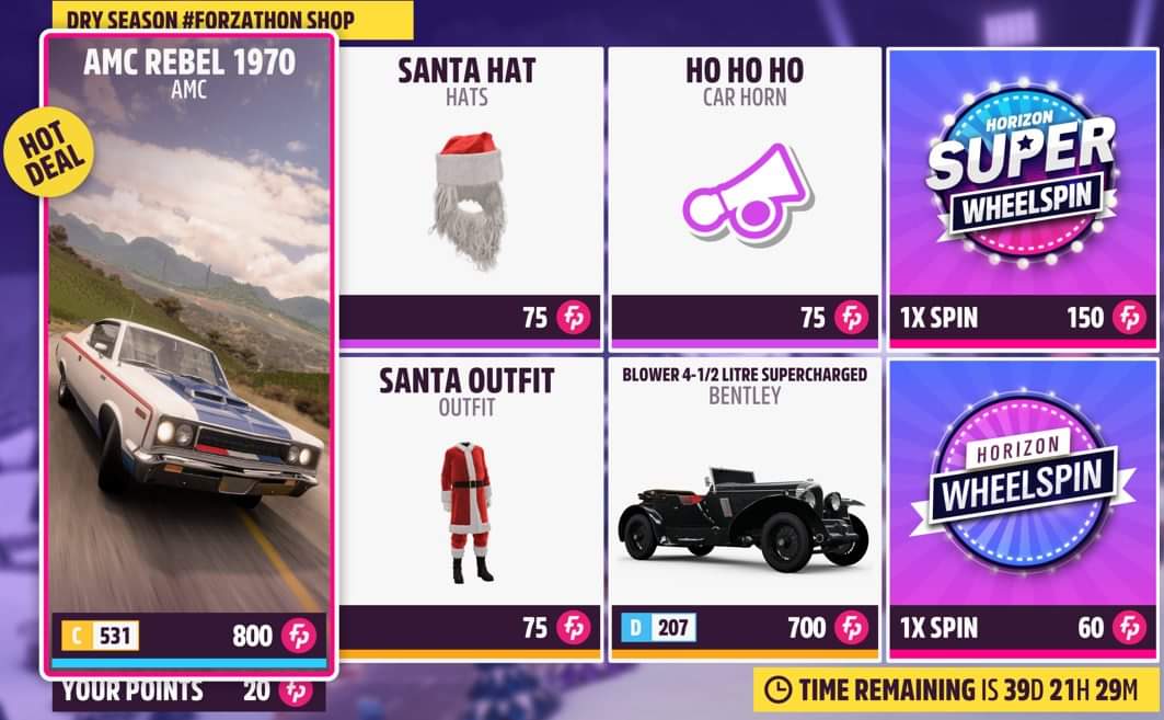 #ForzathonShop Series 28 - Dry Season #3 '70 AMC Rebel - 800fp Bentley Blower - 700fp Santa Hat (Hats) Santa Outfit (Outfit) Ho Ho Ho (Car Horn) Don't forget, there will be special deals available in the Forzathon shop between 24th – 26th December and between 31st December –…