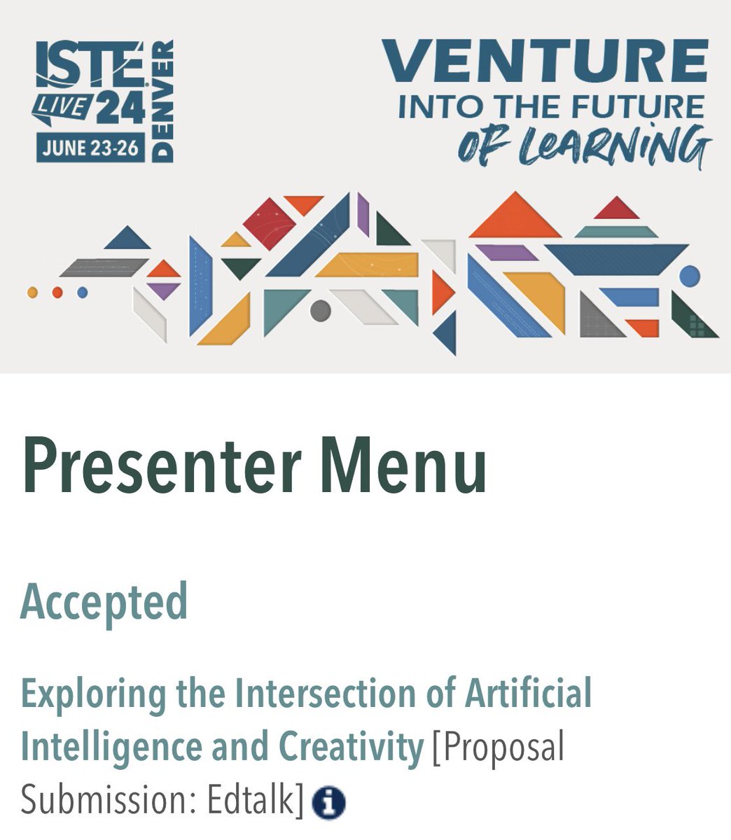 💖Thrilled to announce I will be presenting at #ISTELive 24!☀️ Join my session: Exploring the Intersection of Artificial Intelligence and Creativity Thank you for this incredible opportunity! #ISTE20toWatch #forEDU #EdTechSpeaker #ISTE24 #EdTech #EducationInnovator #Denver