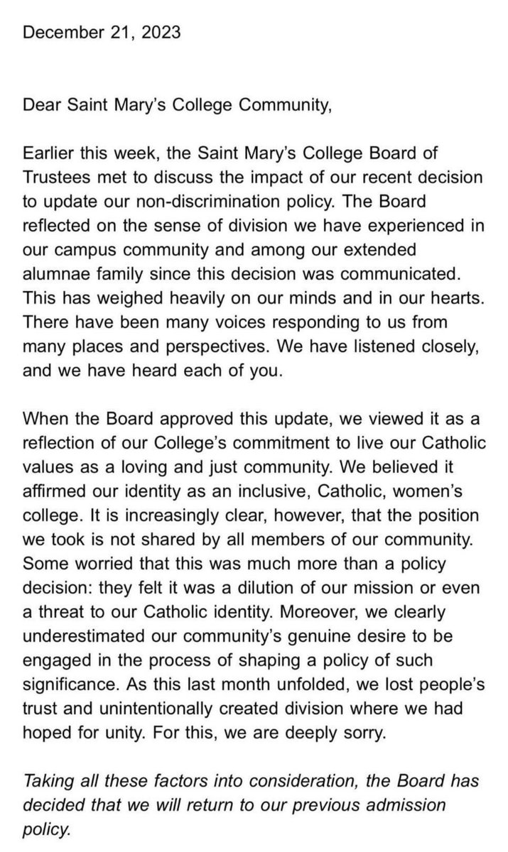 After severe backlash, Saint Mary's College has reversed its transgender policy to make the college an all-female institution once again. So in short, Saint Mary's caved to the pressure of their donors pulling out. As they all do.