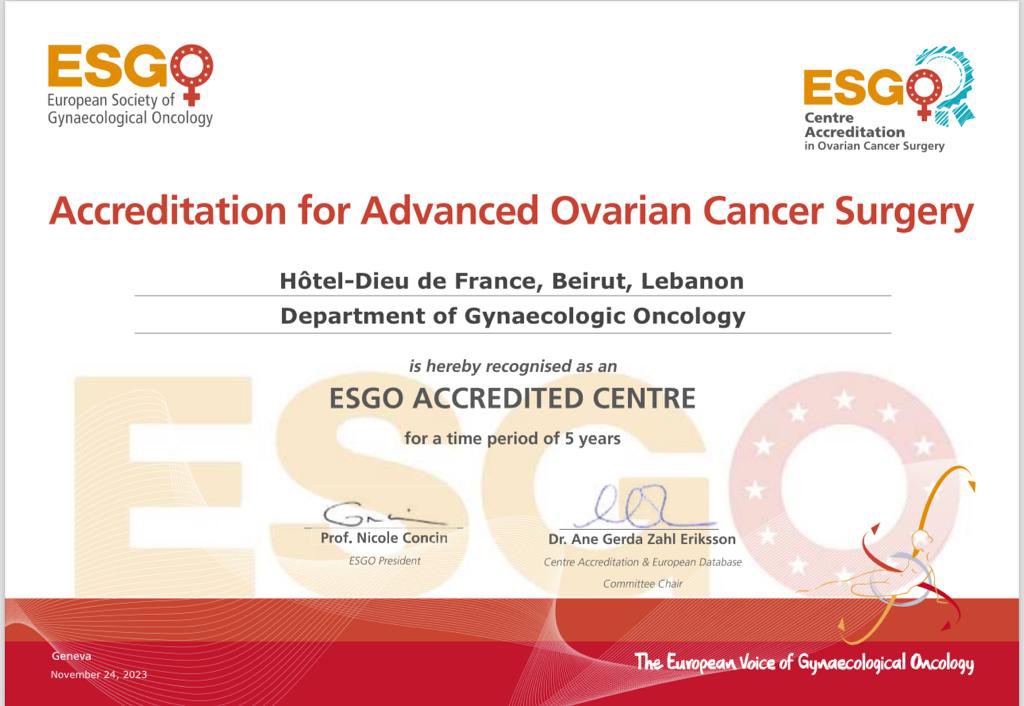 I am honored and proud to announce that my gynecology department was the first in the middle east to be accredited by the esgo for advanced ovarian cancer surgery
Thank you <a href="/ESGO_society/">ESGO</a> ESGO, <a href="/agz_eriksson/">Ane Gerda Z Eriksson MD PhD</a> Thank you <a href="/hdf_lb/">Hôtel-Dieu de France</a> 
<a href="/kassis_n/">Dr Nadine El Kassis</a> <a href="/MansourHus/">Hussein Mansour</a>