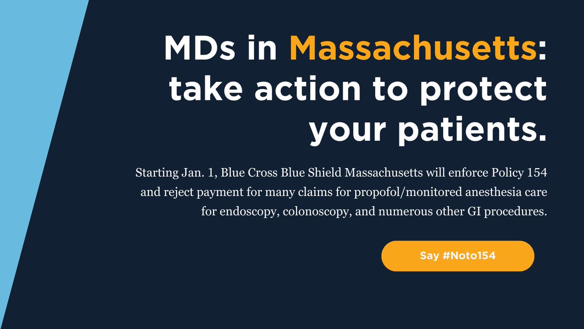 🚨 Starting Jan 1 @BCBSMA will limit coverage of propofol during GI endoscopy. Retweet, tag a Massachusetts colleague, contact BCBS. Protect patient access to care. #Noto154 takeaction.io/gastroenterolo… @AmCollegeGastro @AmerGastroAssn @ASGEendoscopy @ASALifeline