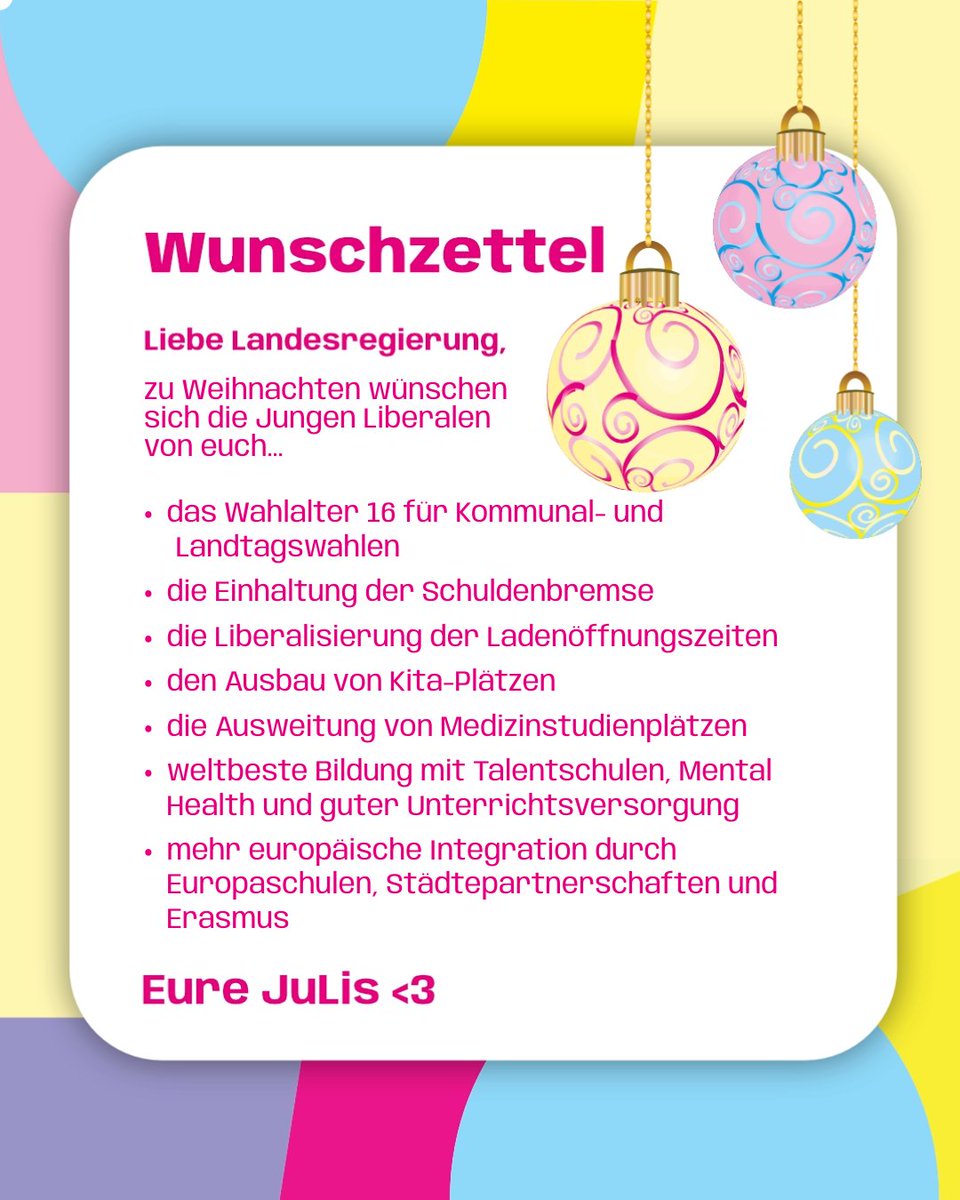 In einem Wunschzettel an die Landesregierung haben wir unsere jungliberalen Themen noch einmal hervorgehoben. Zwar sind wir im Gesamten zufrieden mit der Ampelregierung, haben jedoch in einigen Punkten noch offene Wünsche.

julisrlp.de/junge-liberale…