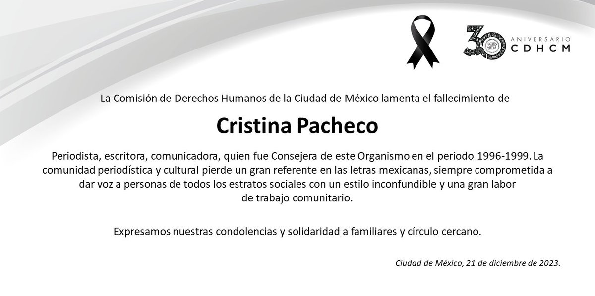 Esta #CDHCM se une a las condolencias por el sensible fallecimiento de la periodista y escritora Cristina Pacheco.