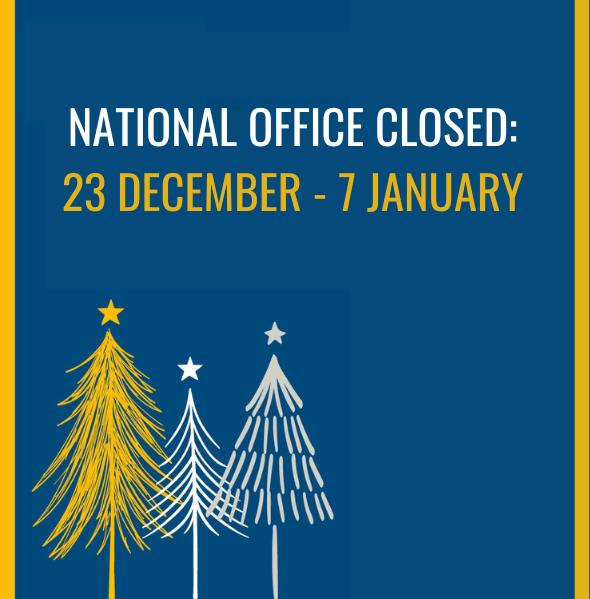 We wish to advise that the National Office will be closed over the festive season.
We recognise that the holidays can be a difficult time. If you need immediate support, please reach out to:
 @OpenArmsSupport  (24-hours) 1800 011 046