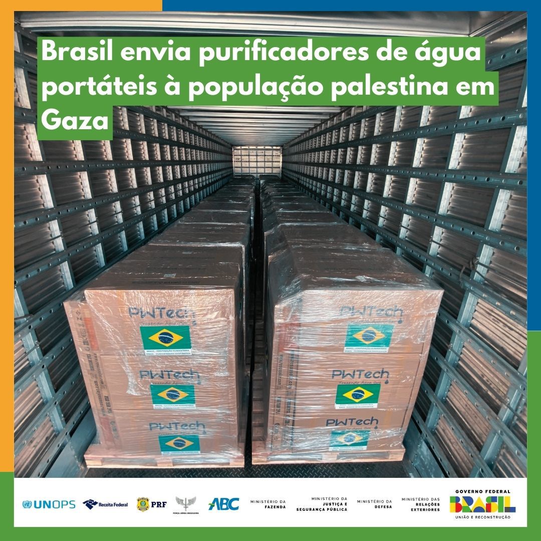 O <a href="/govbr/">Governo do Brasil</a> doou à população palestina na Faixa de Gaza 150 purificadores de água portáteis, equipados com “kit” voltaico. A nova #doação humanitária brasileira soma-se aos esforços internacionais de assistência aos afetados pelo conflito naquela área.
