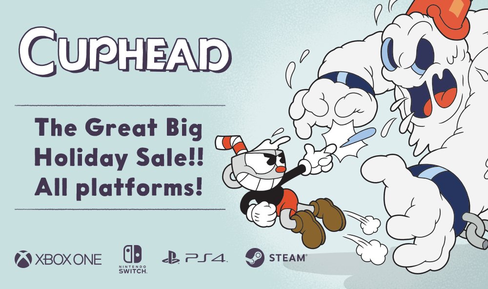 Tis' the season!! From now through the new year, find Cuphead and The Delicious Last Course available for delightfully deep discounts across your preferred platforms! There's no better time to visit the Inkwell Isles, or give the gift of bombastic boss battles to a loved one!