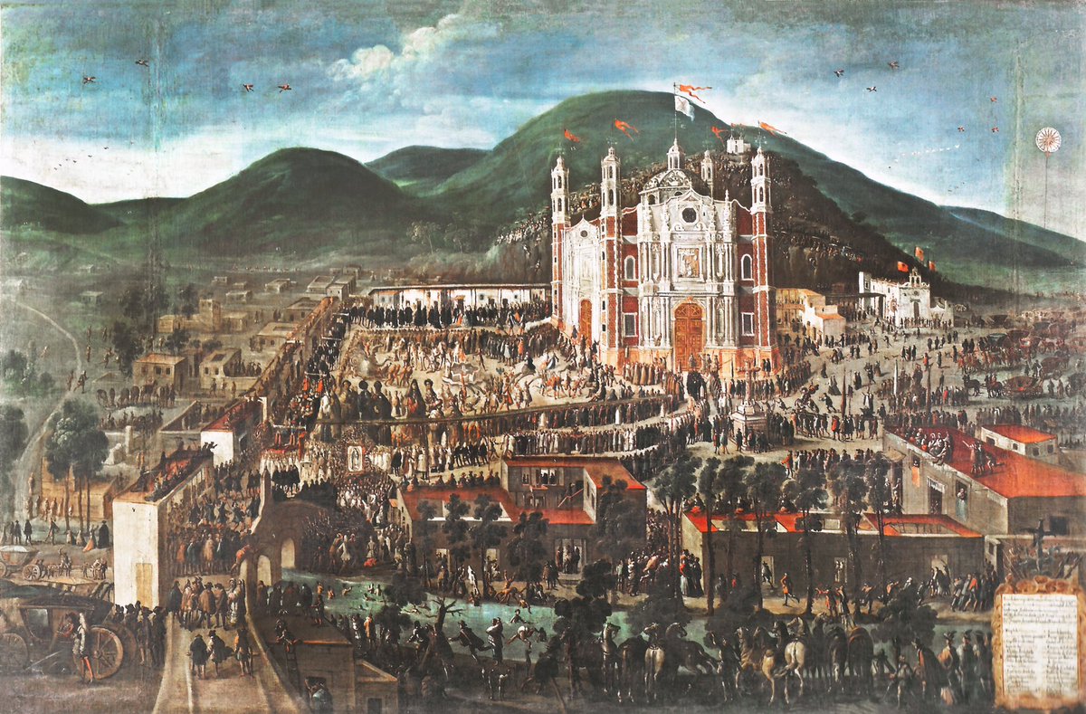 Así lucía el templo de Guadalupe en el año de 1709, en un óleo de Manuel de Arellano, titulada “Traslado de la Imagen y dedicación del Santuario de Guadalupe”. Cabe mencionar que la Basílica que vemos en la imagen fue realizada por el arquitecto Pedro de Arrieta, colocando la