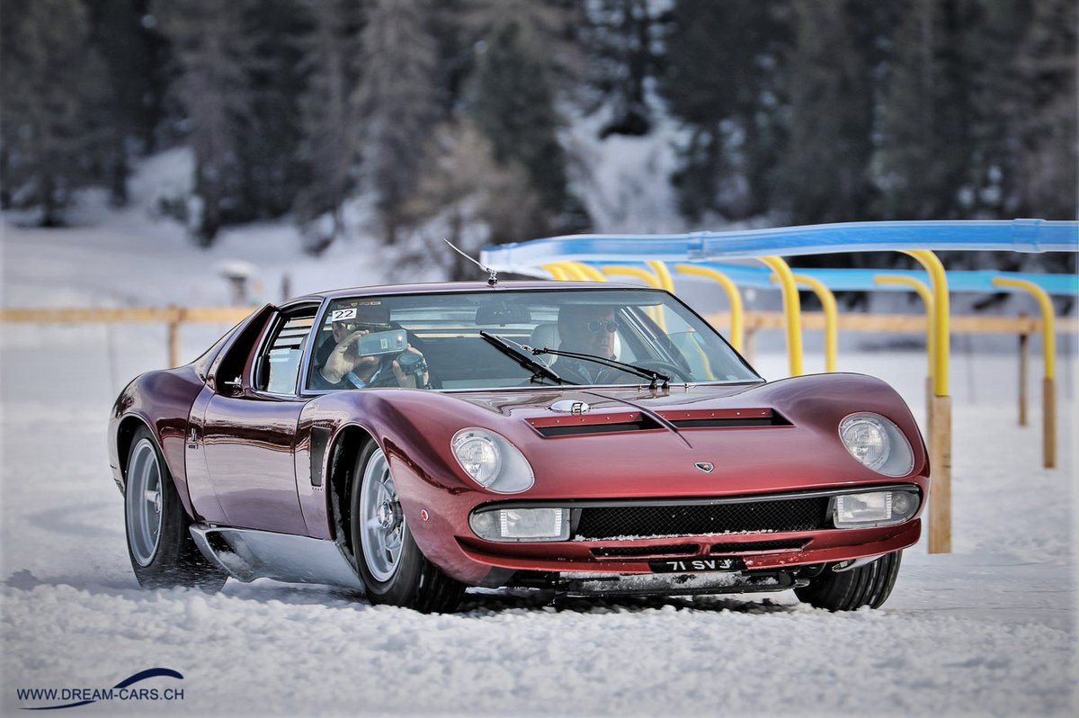 A perfect car for Wintertime?? Lamborghini Miura #Lamborghini #Miura #stmoritz #supercar #classiccar #ClassicCars