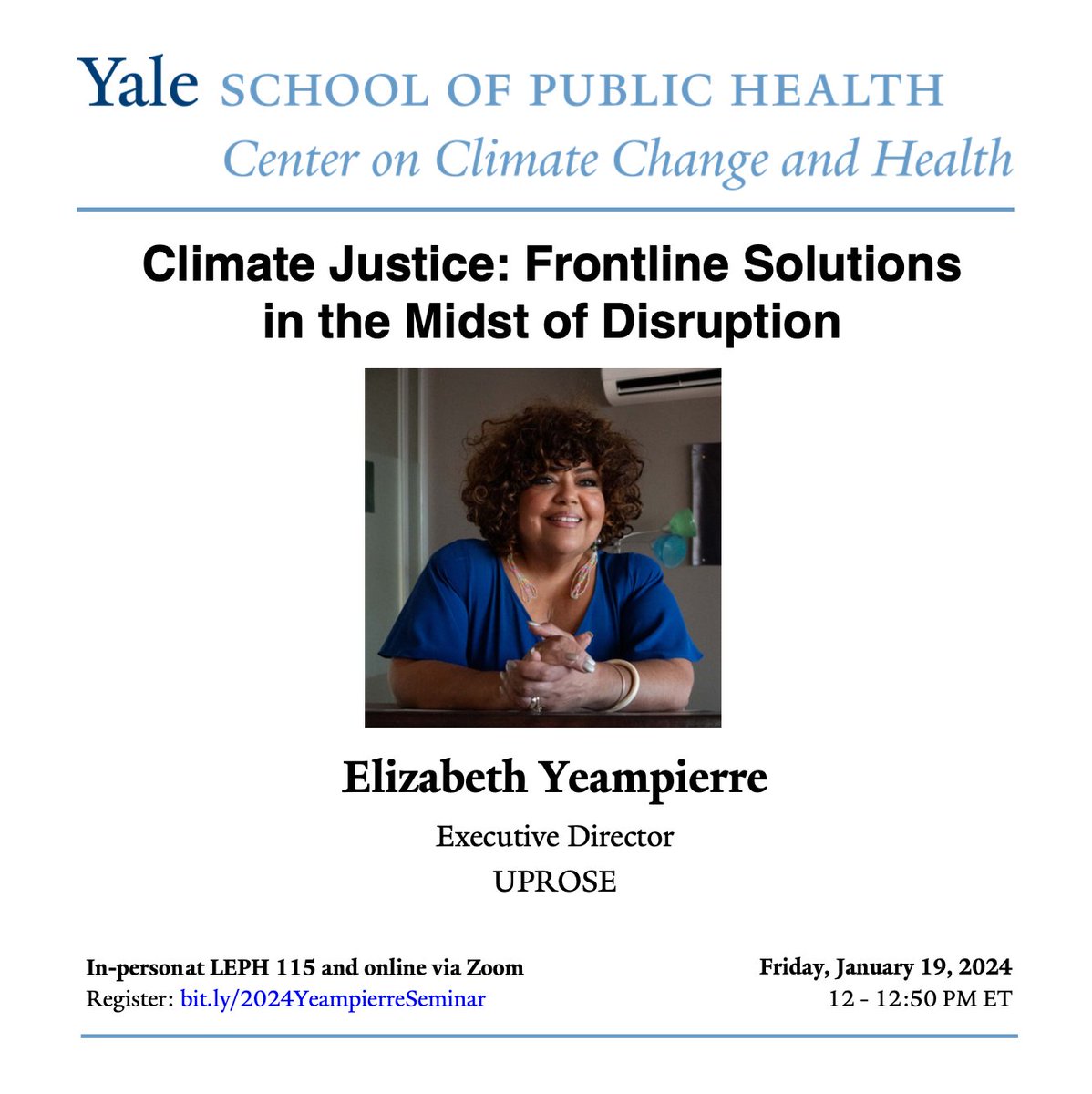 Join our #ClimateChangeandHealth Seminar on Friday, Jan. 19th from 12-1pm ET!  Our featured speaker, Elizabeth Yeampierre, will deliver the lecture “Climate Justice: Frontline Solutions in the Midst of Disruption.'  

Register here👉 bit.ly/2024Yeampierre…

@yeampierre @UPROSE