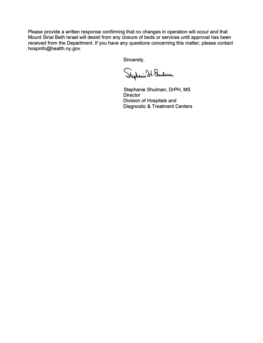 Here's a copy of that cease and desist order issued today by @HealthNYGov to Mount Sinai Beth Israel. The hospital could be subject to civil penalties of $2,000 per day if it continues to close beds or services without state approval, the department warns.