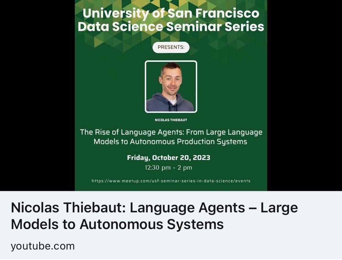 🔙 Throwback Thursday! Taking a stroll down memory lane with Nicolas Thiebaut's insightful seminar on 'Language Agents – Large Models to Autonomous Systems.' 📽️ Revisit the talk: youtube.com/watch?v=sTUbh7… #ThrowbackThursday #USFDataScienceSpeakerSeries