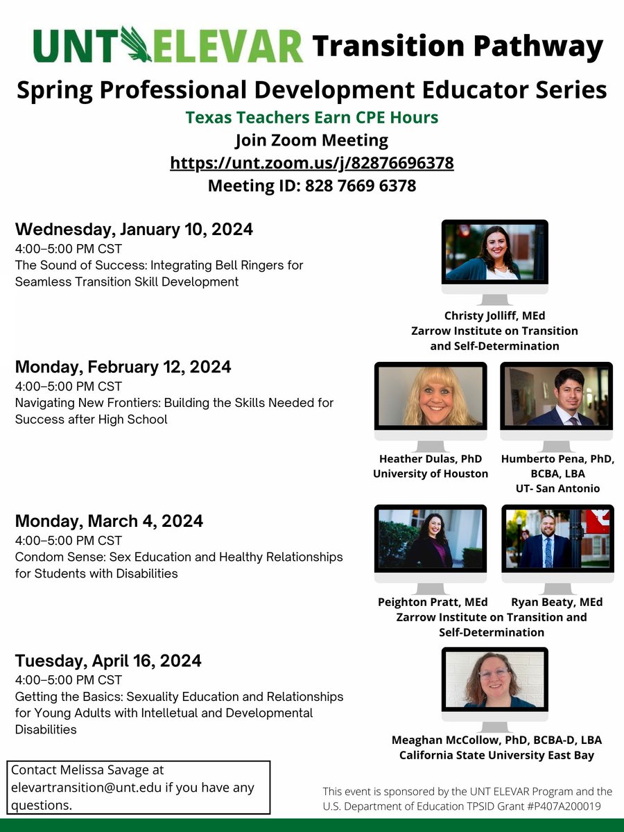Melissa Savage (@msavageunt) on Twitter photo Save the Dates! Join us for our upcoming UNT ELEVAR Transition Pathway educator events to support transition for K-12 students with intellectual disability! TX teachers can earn CPE hours. All are welcome! Zoom info: unt.zoom.us/j/82876696378 Save the Dates! Join us for our upcoming UNT ELEVAR Transition Pathway educator events to support transition for K-12 students with intellectual disability! TX teachers can earn CPE hours. All are welcome! Zoom info: unt.zoom.us/j/82876696378
