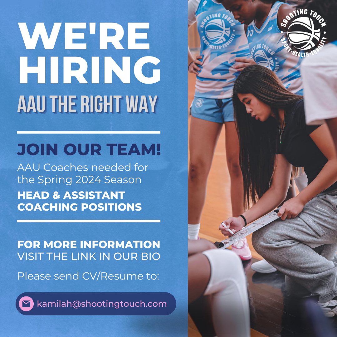We’re hiring! Join our @ShootingTouchMA team as an “AAU The Right Way” coach this Spring Season. Contact @HardwoodJungle or visit the link below to learn more & apply: static1.squarespace.com/static/577d2a8…