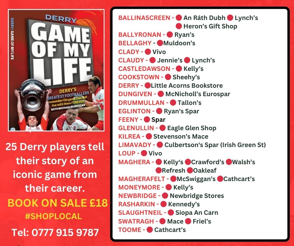 RT Outlets stocking signed copies Derry: Game of my Life listed below. 25 Derry players recall their iconic game. Pass outlet details to anyone not on the socials #ShopLocal #GAA #DerryGOML