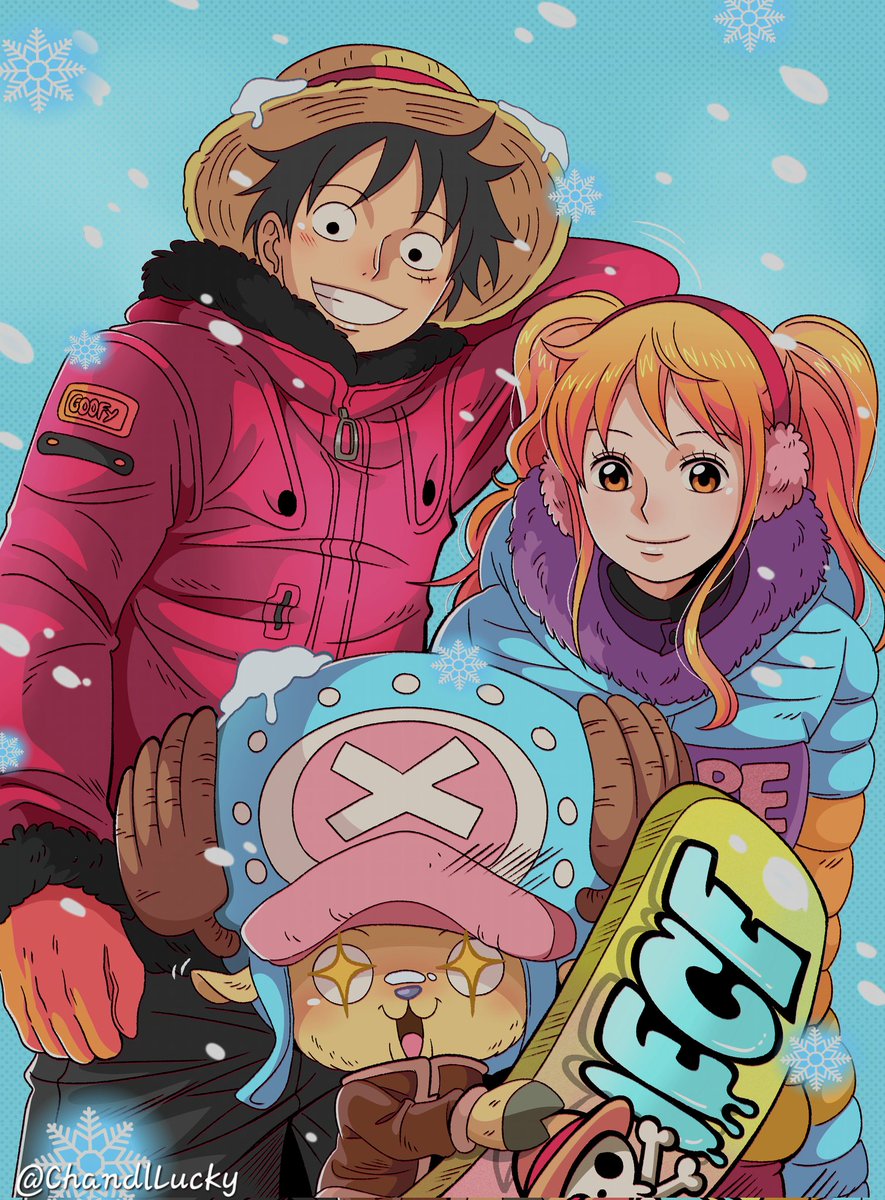 monkey d. luffy ,nami (one piece) ,tony tony chopper 1girl 2boys hat multiple boys smile earmuffs orange hair  illustration images