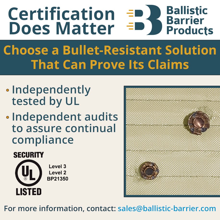 Choose security products with independent certification. Ballistic Barrier Products are tested by UL Solutions to the 752 standard with quarterly factory audits to ensure the manufacturing process does not vary from the test samples. Find out more at ballistic-barrier.com