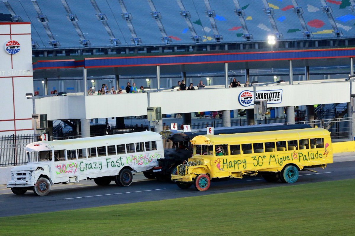 #tbt to an intense school bus race @CLTMotorSpdwy celebrating my 30th birthday(😮‍💨). @maxpapis got too aggressive, turned a bus sideways and caused a red flag. Thankfully I missed it and drove off to the win!🚌