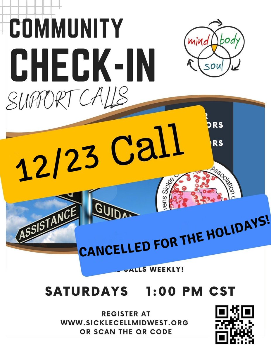 📣 Hello Warriors! This weekend's #CommunityCheckin Support Call is canceled.

👥 We encourage you to use this time for self-care and connecting with loved ones! Follow our social media to stay tuned for updates on calls! #SickleCellMidwest #SickleCellSupport #SCDStrongerTogether