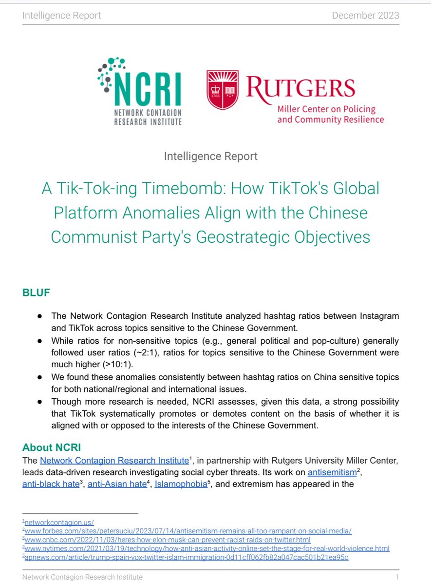 BrendanCarrFCC's tweet image. NEW: Study indicates that TikTok content is being amplified or suppressed based on whether it aligns with the CCP’s geopolitical interests.

Rutgers / @NCRI_io  research shows massive difference in pro-CCP content on TikTok compared to other major social media platform.

“It’s