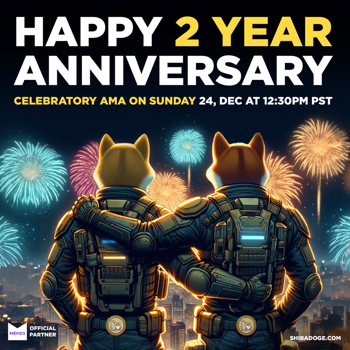 GM #ShibaDoge family, come and #celebrate our  #2YearAnniversary this Sunday at 12.30pm PST! 🎉🥳🎈

Join the party #ChristmasEve 🥂
t.me/GoldCoinETH