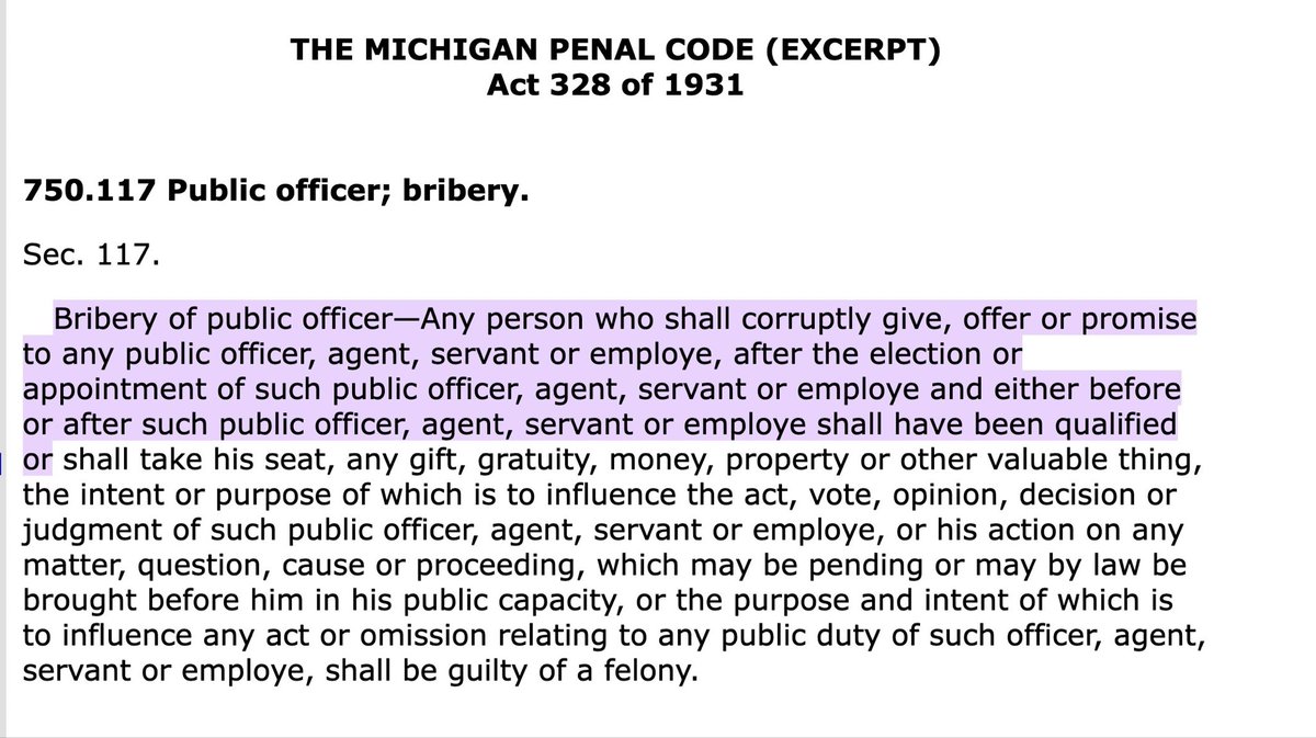 Offering an official something of value (services of a lawyer) in exchange for withholding official action (certifying the Wayne County vote) sounds like a classic case of bribery under Michigan State law.