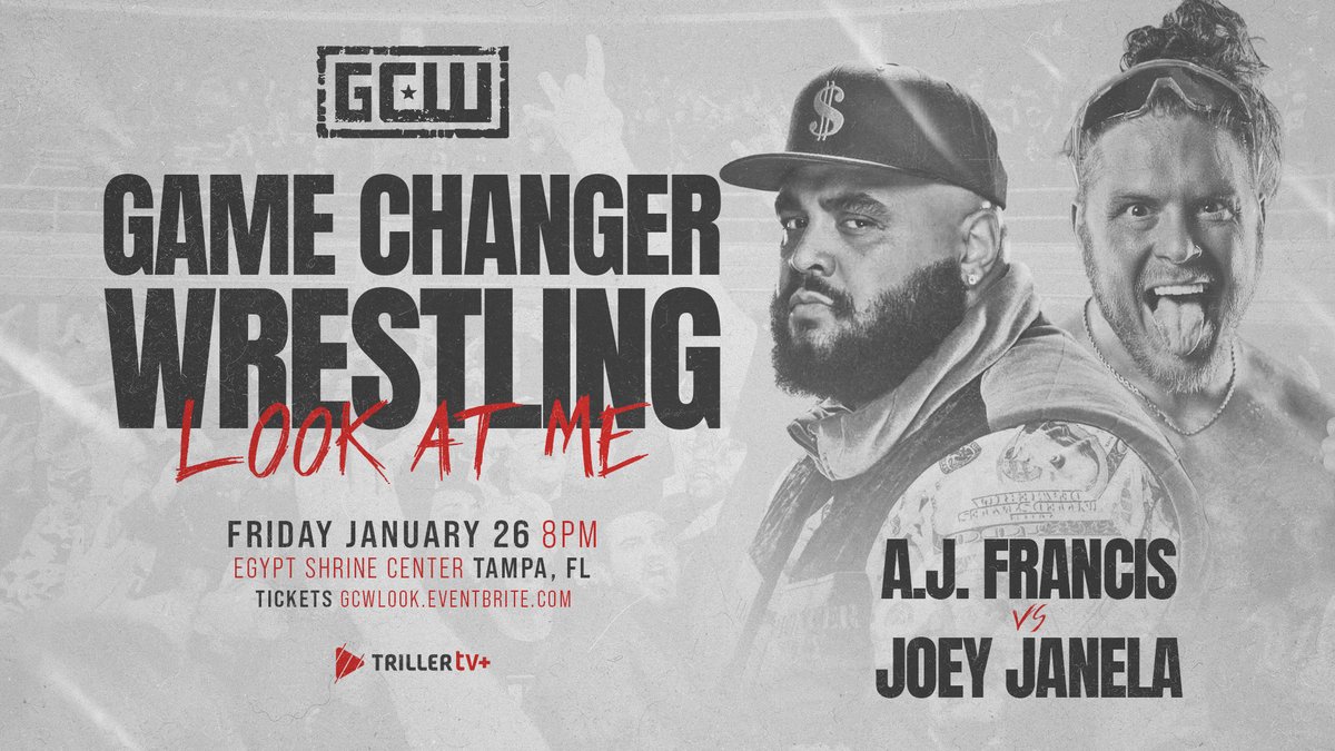 *BREAKING* Just Signed for January 26th in Tampa: AJ FRANCIS vs JOEY JANELA Get Tix: GCWLOOK.EVENTBRITE.COM Also Appearing: Andrade El Idolo Gringo Loco Masha Slamovich Rina Yamashita Blake Christian Effy +more! Watch LIVE on @FiteTV+ #GCWLook Fri 1/26 - 8PM Tampa FL