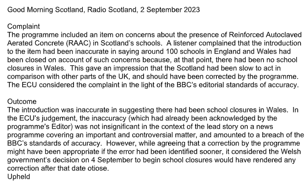 msm_monitor's tweet image. BREAKING

A complaint against Good Morning Scotland for a broadcast on September 2nd about RAAC in schools has been upheld by the BBC's Editorial Complaints Unit.

However, the request for a broadcast correction and apology was declined as it would be 'otiose' [serve no purpose].