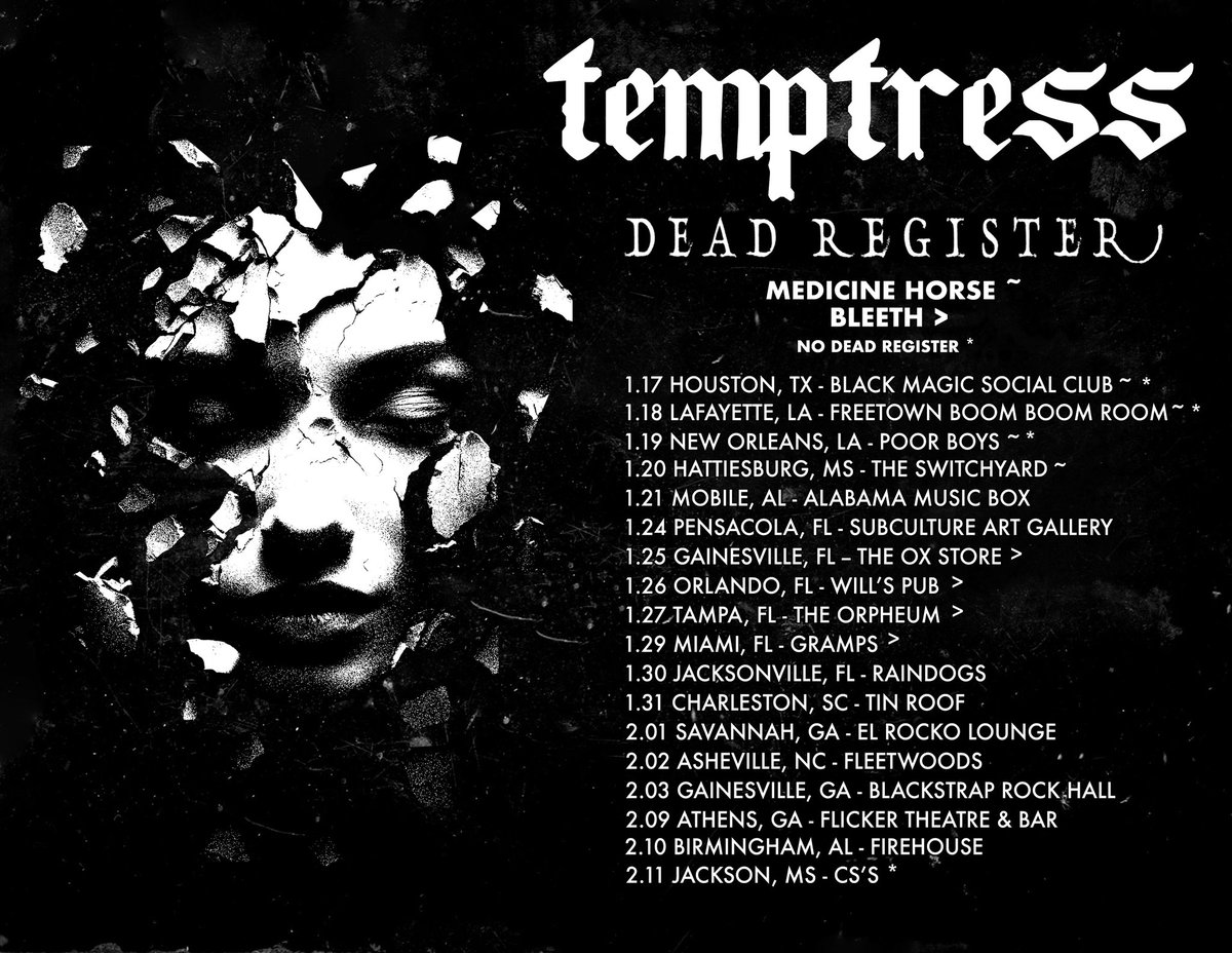 DeadRegister's tweet image. ⚠️Winter Tour Alert⚠️
§
We’re teaming up w/ our friends Temptress on a savory southeastern stomp this Jan/Feb, accompanied by Medicine Horse (Tulsa) &amp;amp; Bleeth (Miami) for a few choice dates!
§
#doom #heavypsych #heavymusic #floridadoom #atlantadoom #dallasdoom #tulsadoom #tour
