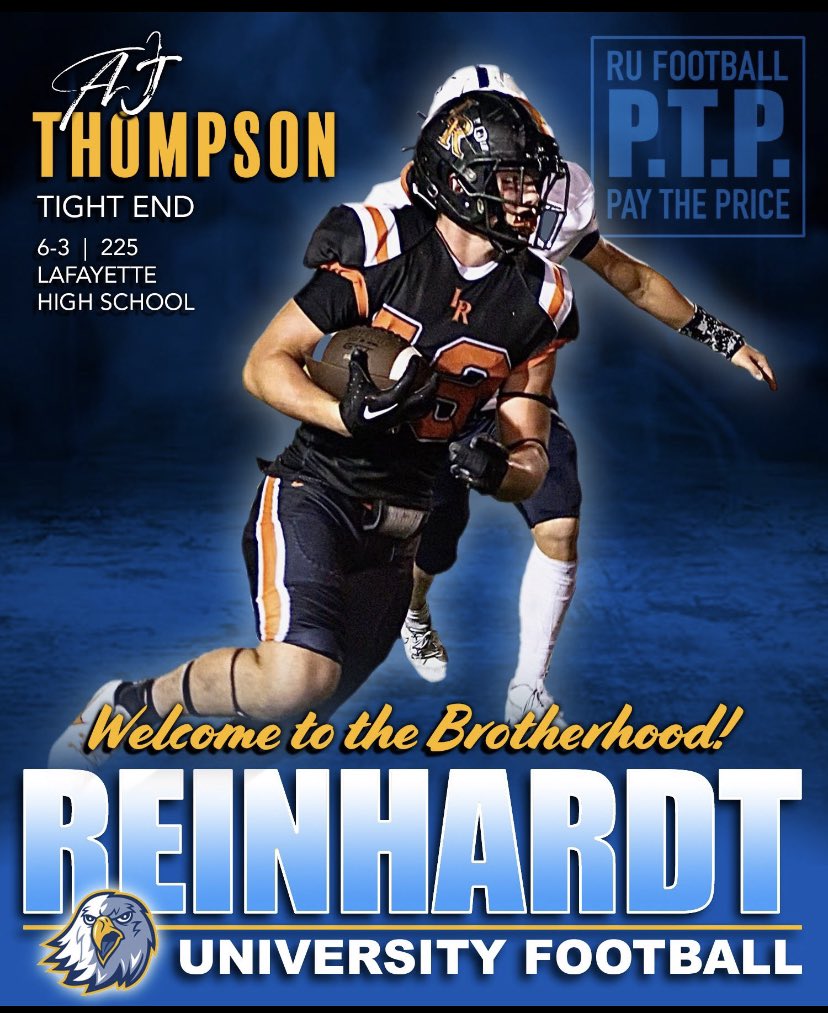 AJ Thompson (@ajthompson1124) on Twitter photo Committed 💯 Blessed to be continuing my football career at Reinhardt University ! <a href="/Coach_JMiller/">James Miller</a> <a href="/CoachHennes/">Tyler Hennes</a> @A1Willzz <a href="/coach_andyscott/">Andy Scott</a> Committed 💯 Blessed to be continuing my football career at Reinhardt University ! <a href="/Coach_JMiller/">James Miller</a> <a href="/CoachHennes/">Tyler Hennes</a> @A1Willzz <a href="/coach_andyscott/">Andy Scott</a>