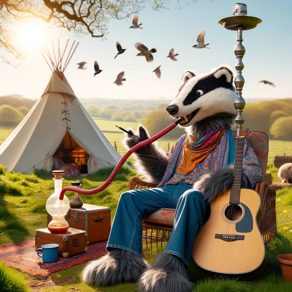Badger, sun blessed, Smoke swirls, guitar rests playfully, Peace in fields, his muse.
