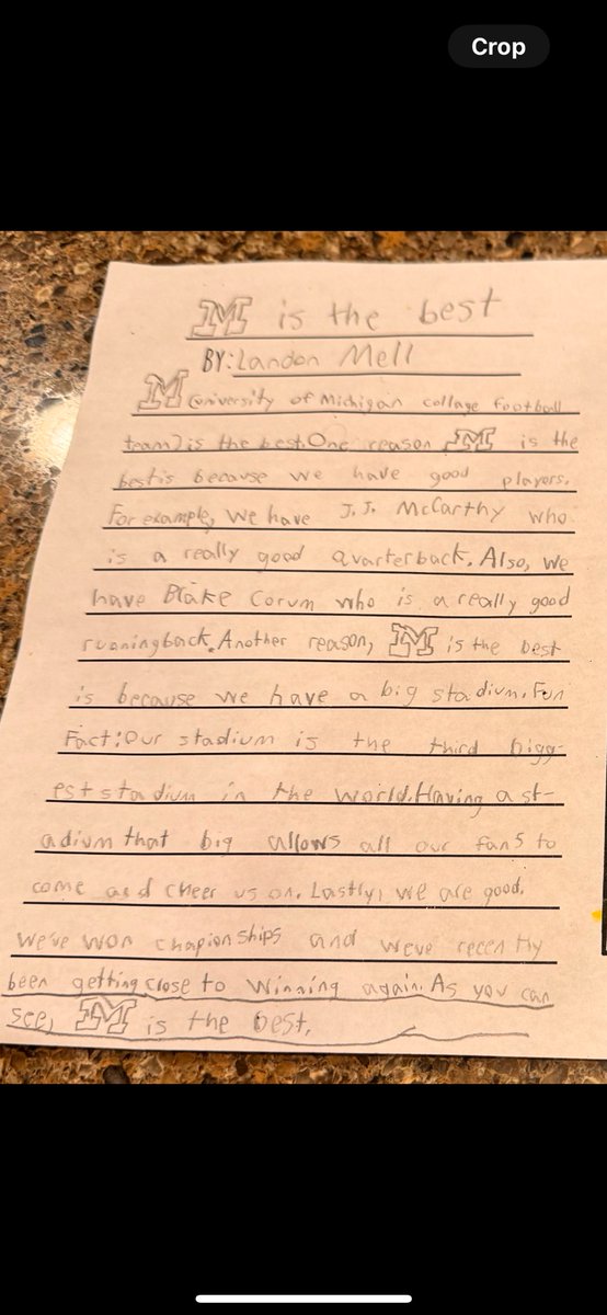 AGMtheFirst's tweet image. My son’s essay for 3rd grade. 🙂〽️ @UMichFootball @jjmccarthy09 @blake_corum 
#GoBlue