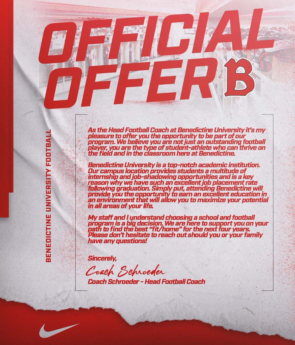 I am extremely blessed to have received my 3rd football offer from Benedictine University @BenUFootball!!! Thank you for giving me an opportunity! #AGTG @coachharveyj @CoachJohnnyi @MrWJMurphy @coach_weil @FbPehs @OLMafia