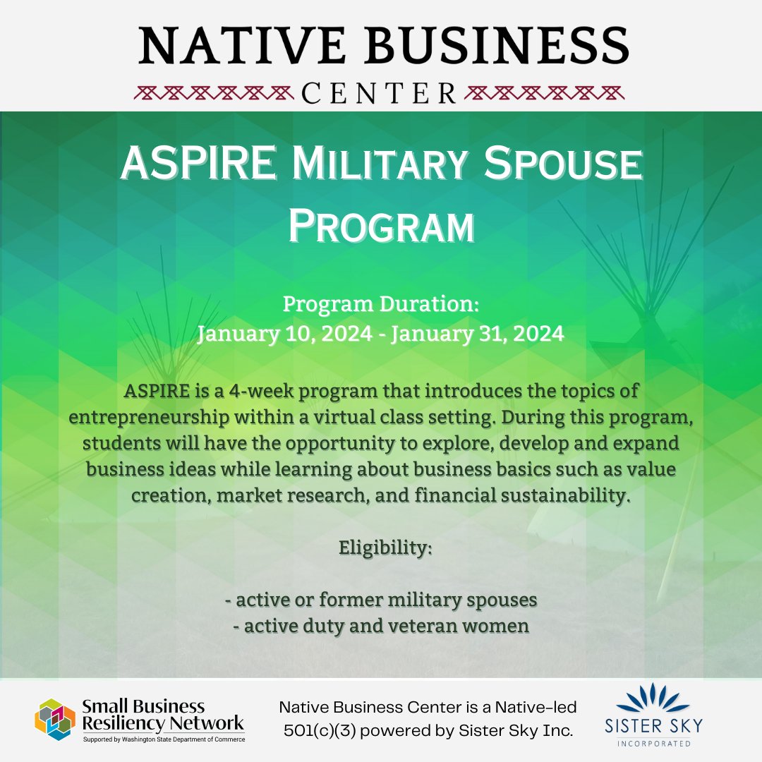 Happy Friday!

Join ASPIRE, a 4-week program by Business Impact NW! nativebusinesscenter.com/event/aspire-m…

#NativeBusinessCenter #BusinessImpactNW #SBA #SmallBusinessResource #VeteranOwned #ASPIREProgram #MinorityownedBusinesses #EntrepreneurshipOpportunity #MilitarySpouses #WomenVeterans