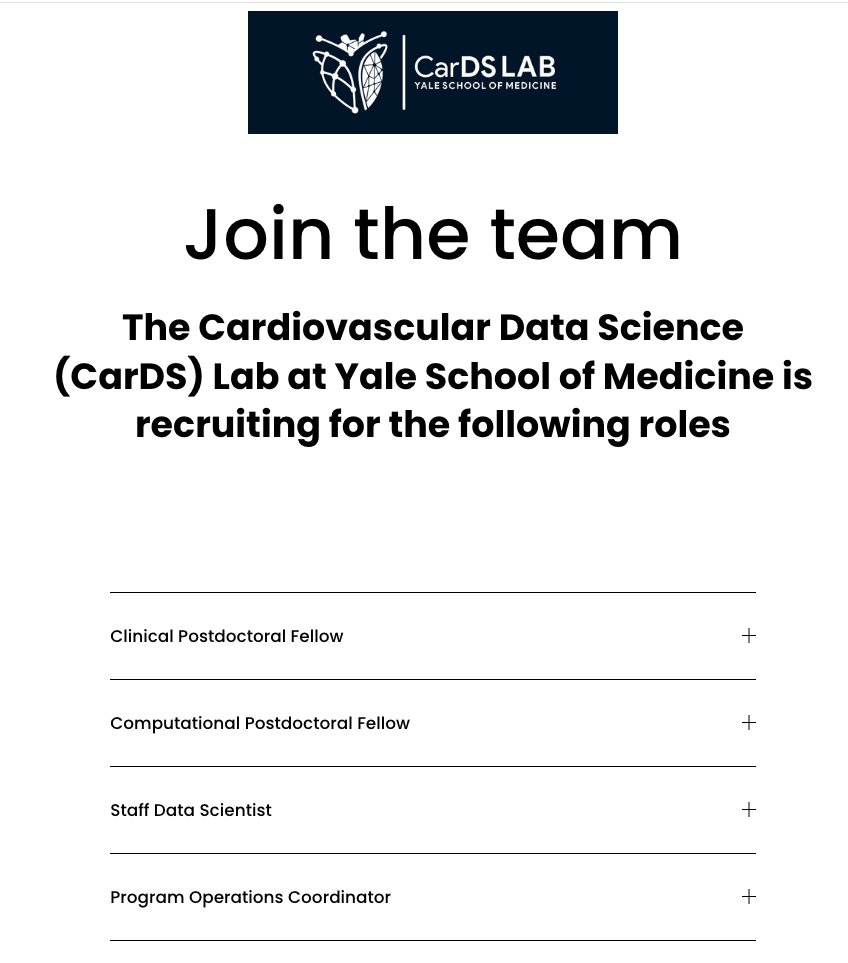 The @cards_lab is growing. We're recruiting for many roles: (1) Clinical postdoctoral fellow (2) Computational postdoctoral fellow (3) Data Scientist (4) Program Coordinator Find out more here: 🔗cards-lab.org/join-the-team Please share with your network! @YaleMed @Yale