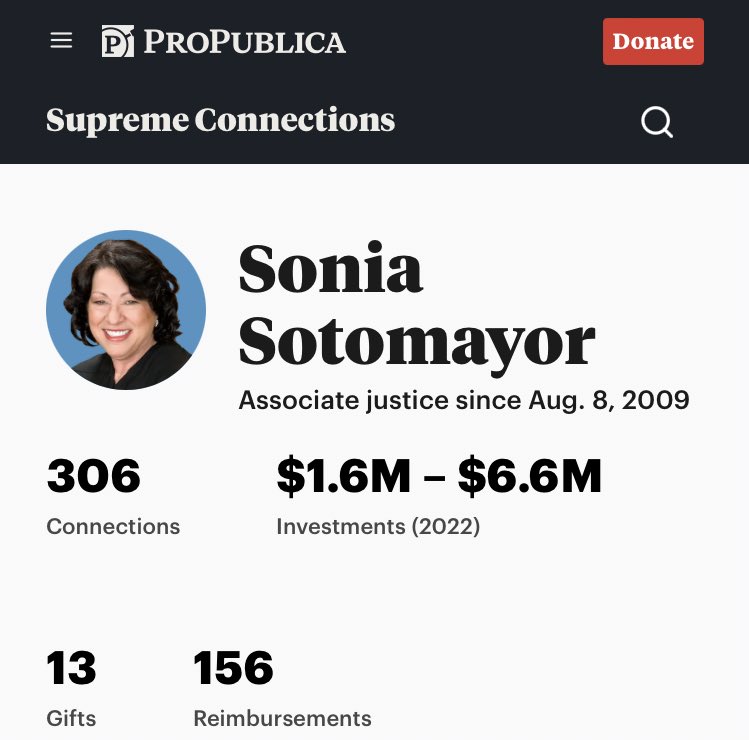 Remember when they attacked Justice Clarence Thomas for his finances? Plot twist: Justice Sotamayor is actually 1,000x worse in every single regard. Investments, gifts, connections, and reimbursements. It’s not even close.