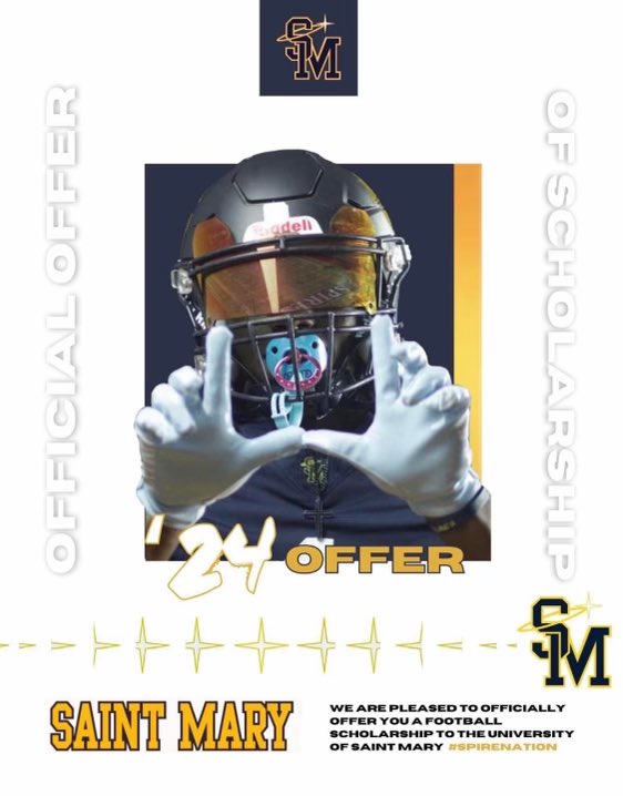 After a great talk with @CoachCoronel I’m blessed to revive an official offer to the University St.Mary 🔵🟡#AGTG @LoreauvilleAth @NP_Recruiting