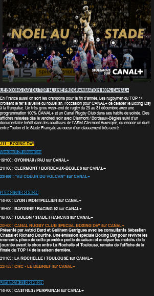 LE BOXING DAY À LA FRANCAISE : 100% TOP 14, 100% CANAL+ du vendredi 29 au dimanche 31/12.