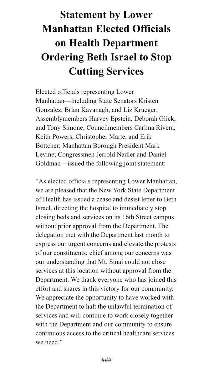 My joint statement with colleagues on the news that the NYS Department of Health sent a cease and desist letter to Beth Israel: