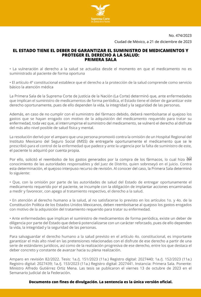IMPORTANTE

La Primera Sala de la Suprema Corte (<a href="/SCJN/">Suprema Corte</a>) determinó que ante enfermedades que implican el suministro de medicamentos de forma periódica, el Estado debe de garantizarlo