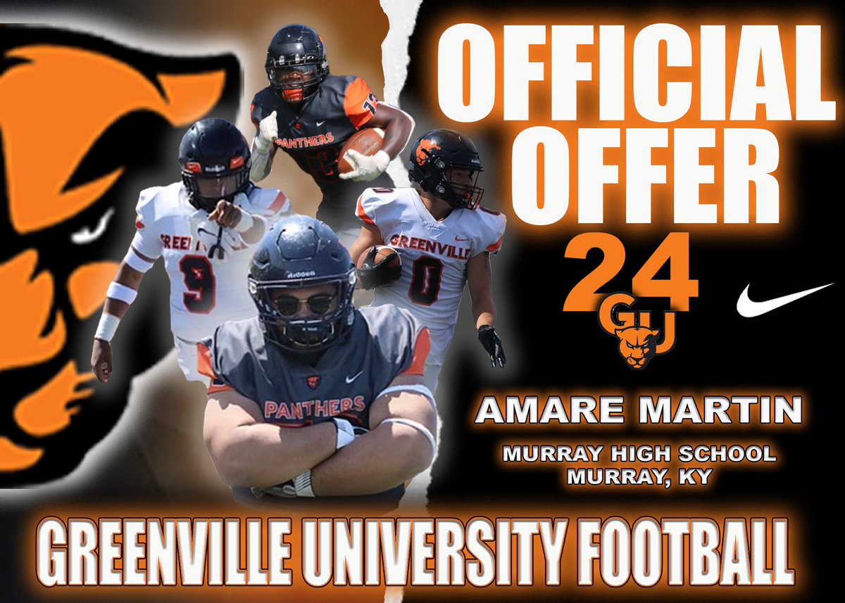 #AGTG After a great conversation with <a href="/jjwakka/">Coach Justin Walker</a>. I am very blessed and excited to announce that I have received an offer from The University of Greenville 🟠⚪️. <a href="/MurrayTigerFB/">Tiger Football Community</a> <a href="/murrayhighFB/">Melvin Cunningham</a> <a href="/Coach_Hugo33/">Hugo Hernandez</a> <a href="/Dickerson_Coach/">Coach Dickerson 🐯</a>