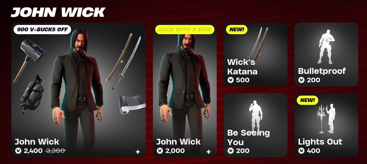 John Wick outfit returns to the Fortnite store with new styles and